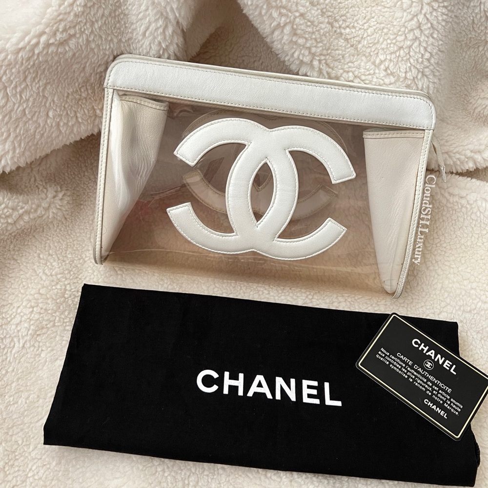 Auth Chanel Vintage White CC Logo PVC Large Pouch - RARE